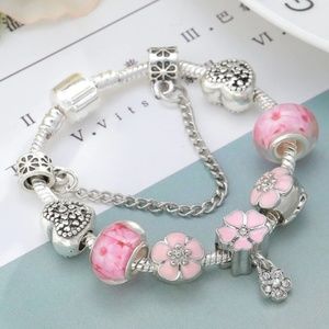 Girl's Charm Bracelet Pink Flower & Heart Design